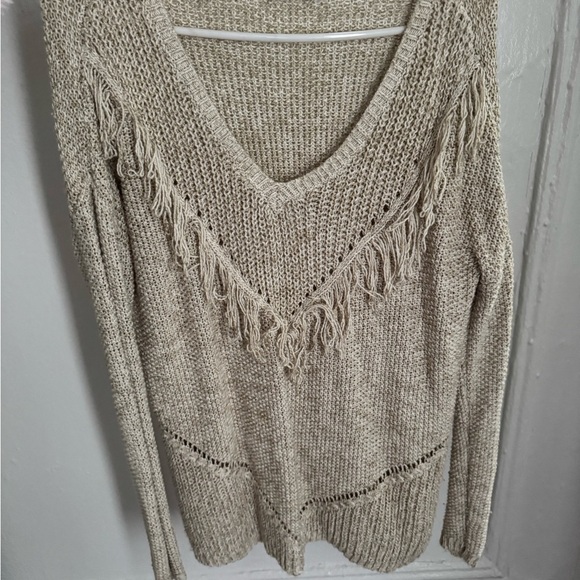 JustFab Sweaters - Fringed Knit Sweater - Cream
